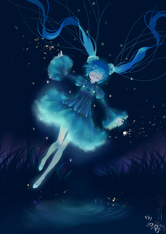 blue blue_hair closed_eyes dark dress dutch_angle floating glowing hatsune_miku long_hair night outstretched_arms signature solo spread_arms twintails vocaloid water yukino_neko