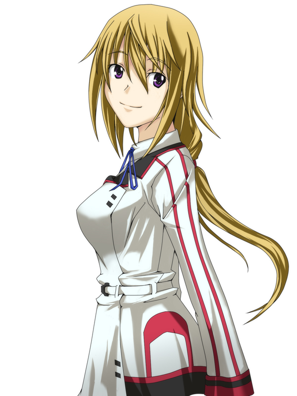 blonde_hair breasts charlotte_dunois female infinite_stratos long_hair ponytail purple_eyes school_uniform simple_background smile solo uniform white_background