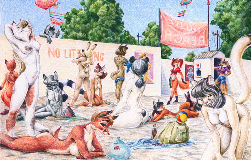 breasts canine cat cervine clothed clothing deer english_text eugene_arenhaus eyes_closed eyewear feline female fish fox glasses group half-dressed lagomorph lynx male mammal marine nude nude_beach piercing rabbit raccoon sitting skimpy standing text topless undressing water