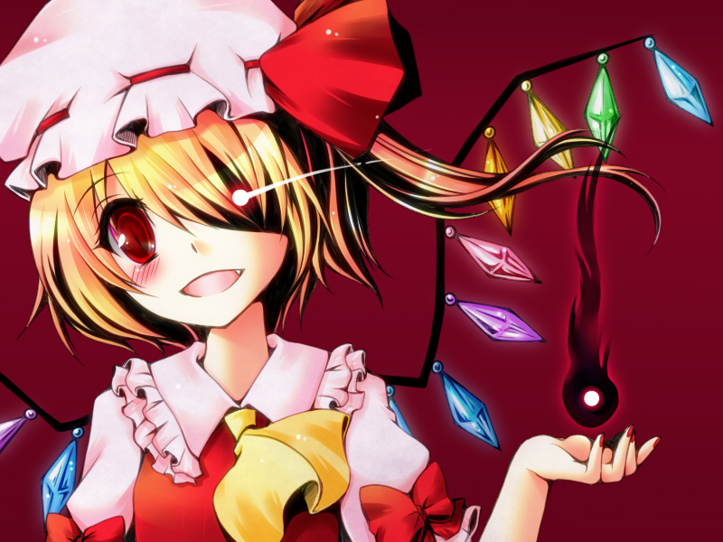 ascot blonde_hair blush fang flandre_scarlet glowing glowing_eye hat hat_ribbon meiya_neon red_eyes ribbon side_ponytail slit_pupils solo touhou wings