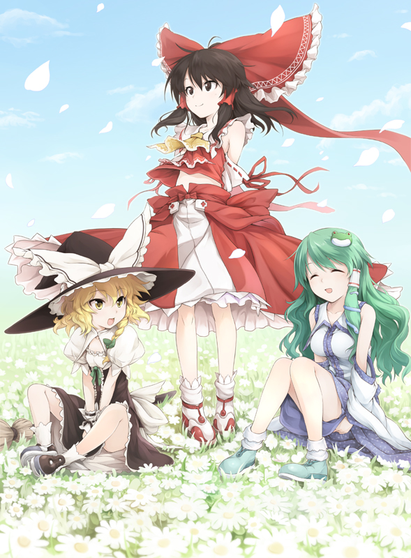 adapted_costume alternate_costume arms_behind_back ascot bad_id bad_pixiv_id bare_shoulders blonde_hair bobby_socks bow brown_hair closed_eyes detached_sleeves field flower flower_field green_hair hair_bow hair_ornament hair_ribbon hakurei_reimu hat kirisame_marisa kochiya_sanae legs multiple_girls petals ribbon sitting smile socks taka_yanagi touhou tsurime wind witch_hat wrist_cuffs yellow_eyes