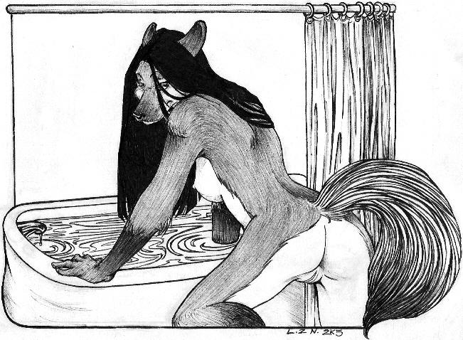 2005 bath bathroom canine female fox hair looking_at_viewer nude pencils presenting pussy solo unknown_artist
