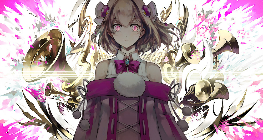 ar_tonelico ar_tonelico_iii bad_id bad_pixiv_id bare_shoulders blonde_hair bow braid brooch dress hair_ornament instrument jewelry nod pink_eyes saki_(ar_tonelico) solo trumpet twin_braids upper_body wide-eyed