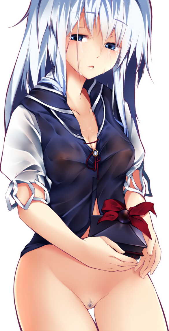bad_id bad_pixiv_id blue_eyes blue_hair bottomless breasts cofepig hat hat_removed headwear_removed holding holding_hat kamishirasawa_keine long_hair medium_breasts no_bra pubic_hair see-through silver_hair solo tears touhou wet wet_clothes