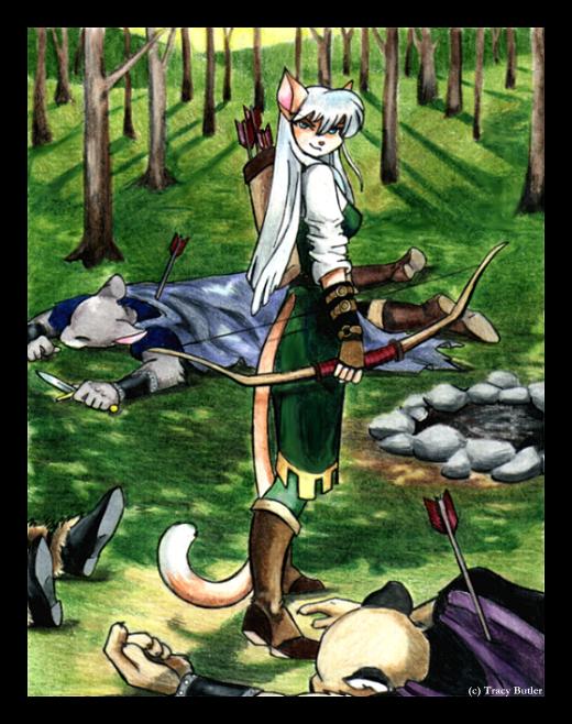 archer arrow battle bow_(weapon) cat death feline female forest hair medieval solo tracy_j_butler tree white_hair