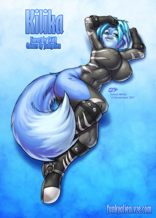 big_breasts blue blue_hair breasts cat collaboration feline female form_fitting green_eyes hair keiron_white kilika lying pose skidd solo tail