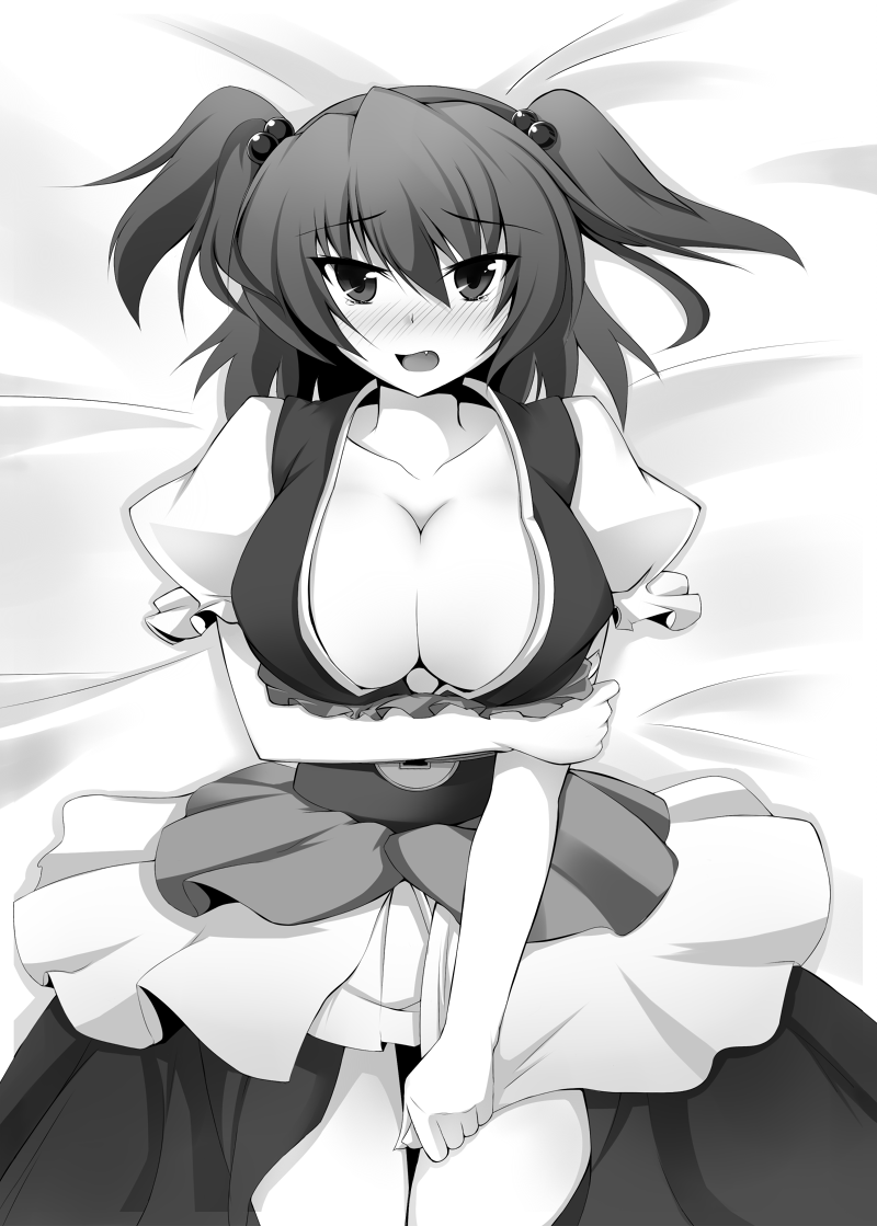 blush breasts cleavage crossed_arms fang greyscale hair_bobbles hair_ornament kazami_chiu large_breasts lying monochrome onozuka_komachi solo touhou two_side_up