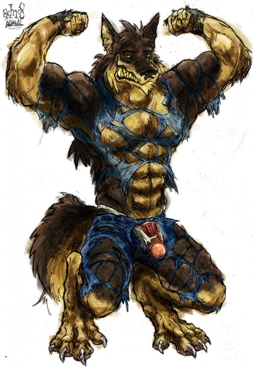 aokmaidu canine claws fangs green_eyes grin looking_at_viewer male muscles nipple_piercing nipple_ring nipples penis piercing presenting solo tail wolf
