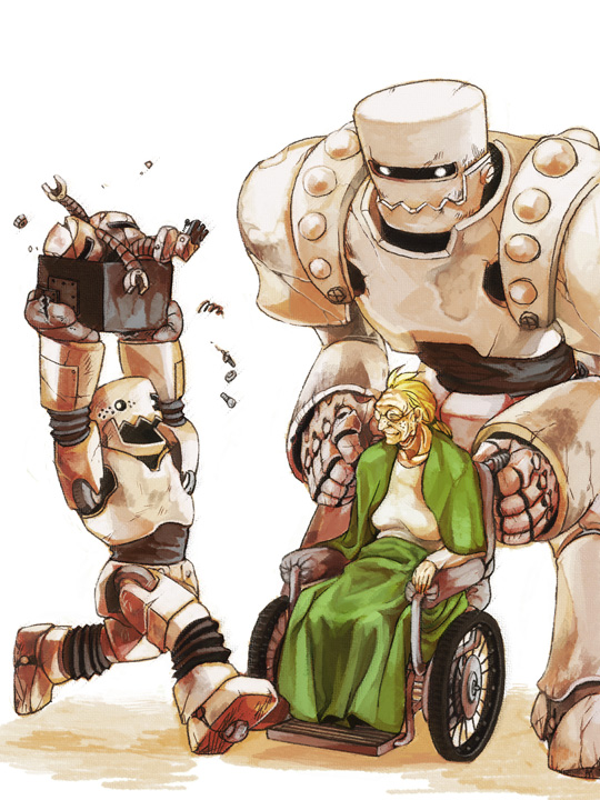 blonde_hair bolt box glasses junk mana291 old old_woman open_mouth original robot running size_difference smile spring_(object) wheelchair