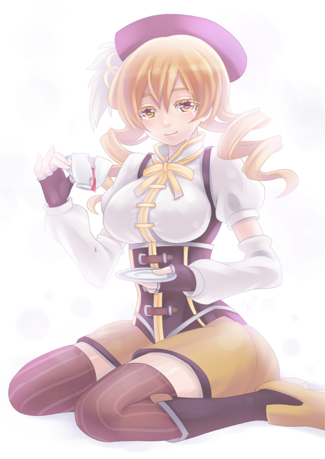 bad_id bad_pixiv_id blonde_hair cup detached_sleeves drill_hair fingerless_gloves gloves hat kaizeru magical_girl mahou_shoujo_madoka_magica short_hair solo teacup tears thighhighs tomoe_mami twintails yellow_eyes