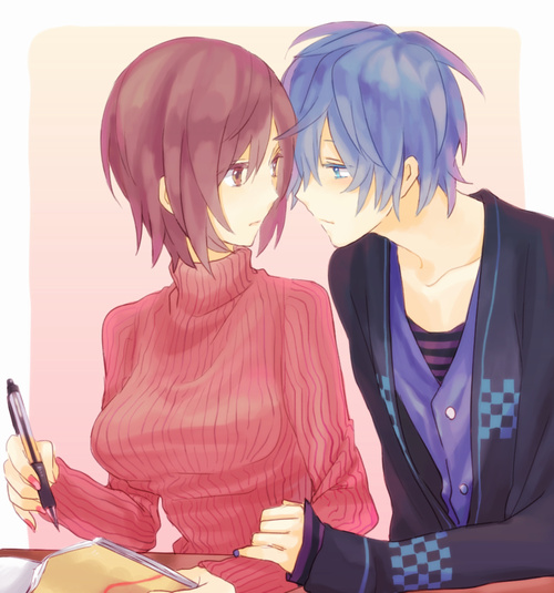 1girl akiyoshi_(tama-pete) bad_id bad_pixiv_id blue_eyes blue_hair breasts brown_eyes brown_hair couple eye_contact face-to-face hetero kaito looking_at_another medium_breasts meiko pen short_hair sweater turtleneck vocaloid