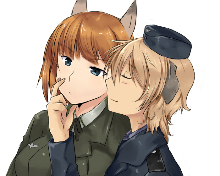 aimai_(luckyfive) animal_ears bad_id bad_pixiv_id blue_eyes brave_witches brown_hair closed_eyes gundula_rall hat military military_uniform multiple_girls short_hair simple_background uniform waltrud_krupinski white_background world_witches_series yuri