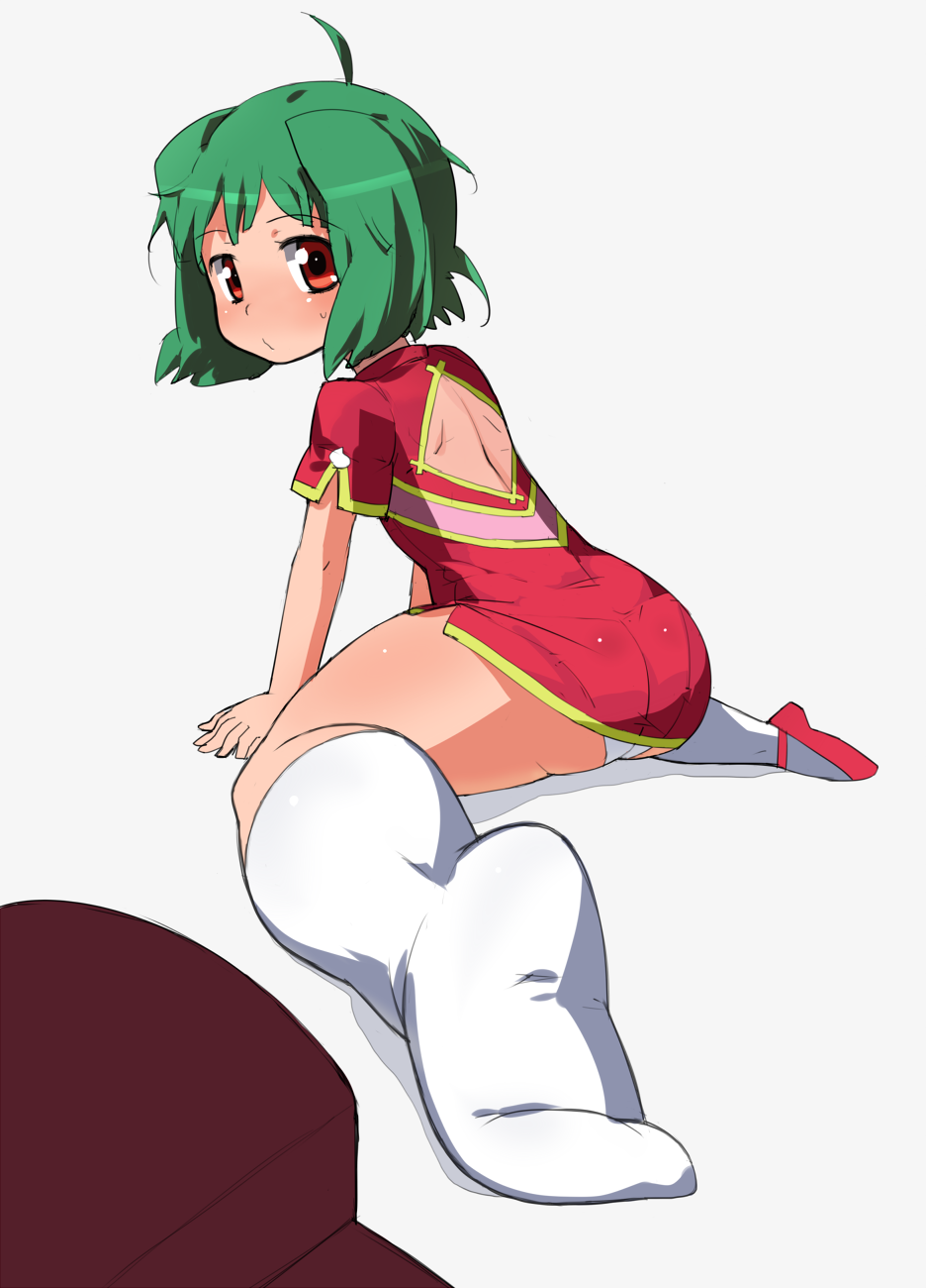 ahoge arm_support ass china_dress chinese_clothes comcom dress fang feet foreshortening green_hair highres kneehighs leaning_forward macross macross_frontier o3o on_floor perspective plantar_flexion pov_feet ranka_lee red_eyes shoes short_hair single_shoe sitting socks solo wariza