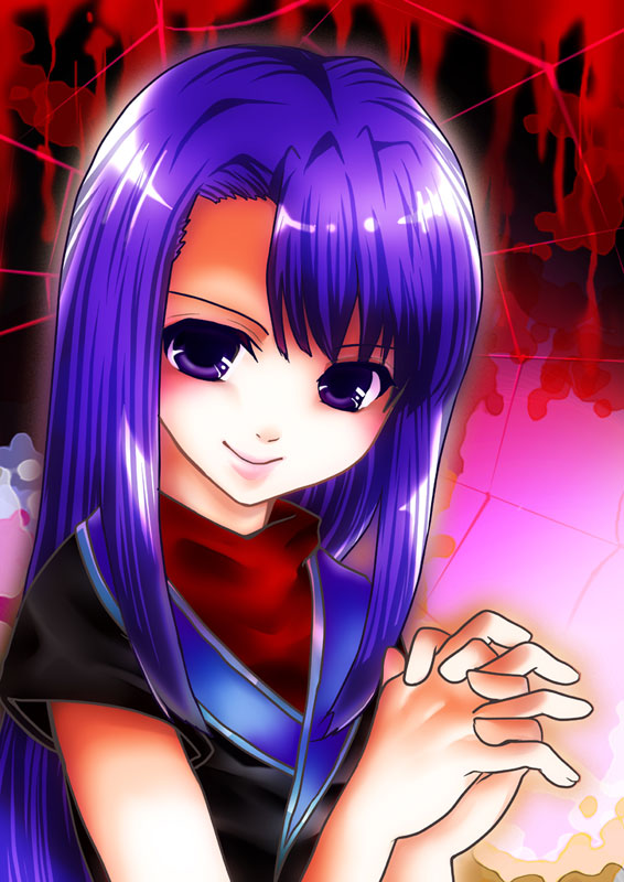 asymmetrical_bangs bangs bare_arms beatrice_(wild_arms) cocopazu lipstick long_hair looking_at_viewer makeup purple_eyes purple_hair sidelocks silk smile solo spider_web wild_arms wild_arms_3