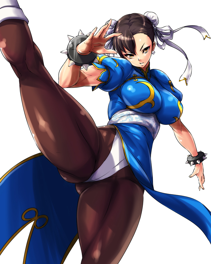 bracelet breasts brown_hair bun_cover china_dress chinese_clothes chun-li double_bun dress earrings jewelry kicking large_breasts legs long_legs nekomamire pantyhose pelvic_curtain ribbon sash simple_background solo spiked_bracelet spikes street_fighter thick_thighs thighs yellow_eyes