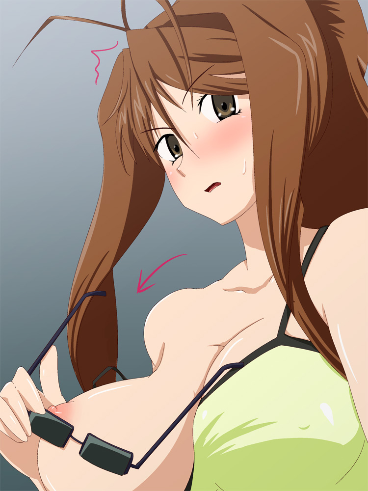 antenna_hair blush breast_slip breasts brown_eyes brown_hair cleavage covered_nipples dragon_crisis! glasses large_breasts long_hair nanao_eriko nipples no_bra one_breast_out puffy_nipples shiny shiny_skin simple_background solo sweat tsubooi