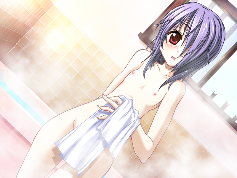 1girl artist_request bath blush character_request dutch_angle flat_chest furifuri game_cg hair_over_one_eye naked nude petite red_eyes solo towel