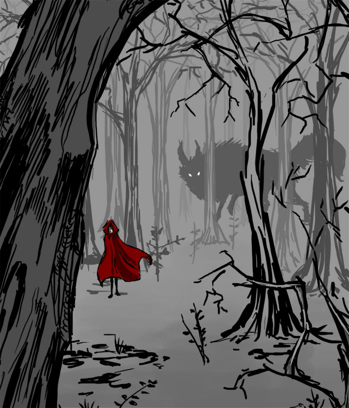 allytha big_bad_wolf canine cloak fairy_tale female forest little_red_riding_hood predator size_difference threatening tree walking wolf