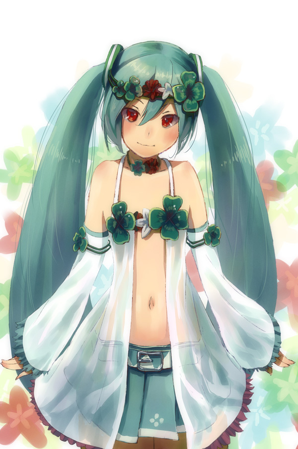 aqua_hair bad_id bad_pixiv_id bare_shoulders clover detached_sleeves flat_chest four-leaf_clover hatsune_miku hisagi_hotaru long_hair project_diva_(series) project_diva_2nd red_eyes see-through solo twintails very_long_hair vocaloid