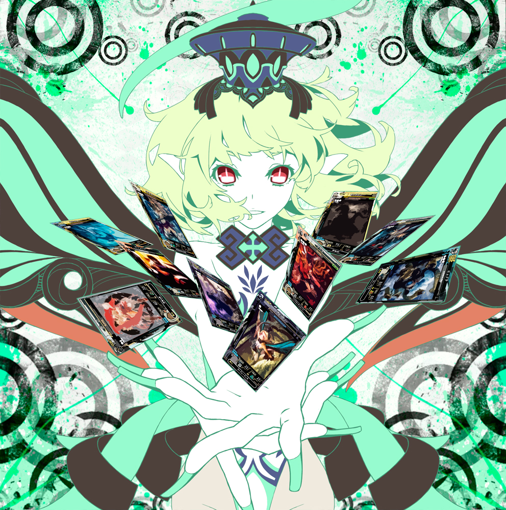 92m blonde_hair card fairy fairy_(lord_of_vermilion) falling_card fingernails floating_card hat lord_of_vermilion nail_polish open_mouth pointy_ears red_eyes solo wings