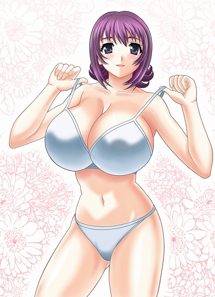 artist_request bra bra_pull breasts huge_breasts purple_eyes purple_hair smile underwear