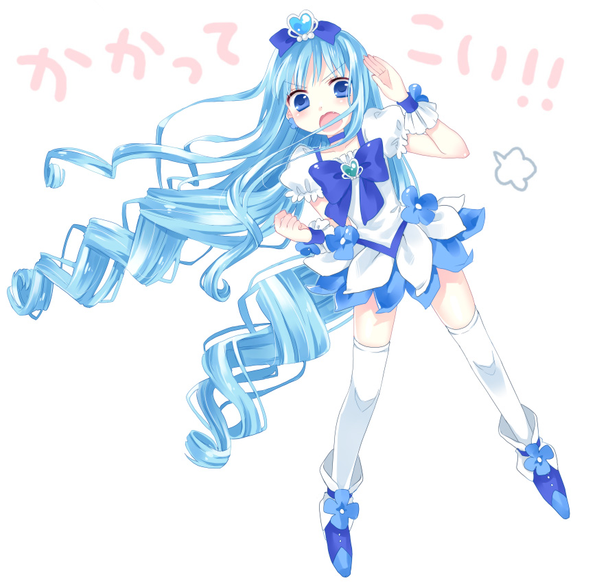 blue blue_choker blue_eyes blue_hair blue_skirt choker cure_marine fang fighting_stance heart heartcatch_precure! kurumi_erika long_hair magical_girl open_mouth precure skirt solo thighhighs very_long_hair wavy_mouth white_legwear yui_(spica)