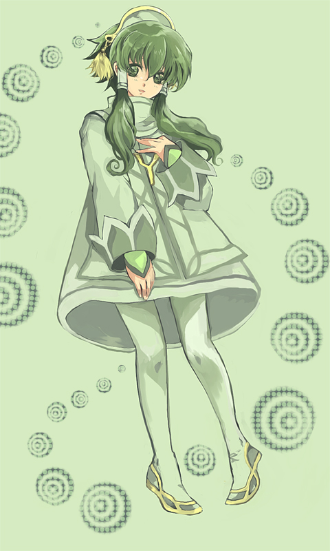 bad_id bad_pixiv_id dress full_body green green_background green_eyes green_hair green_legwear hair_tubes hairband ion male_focus pantyhose shoes shuu_(shu-nm) sidelocks smile solo tales_of_(series) tales_of_the_abyss