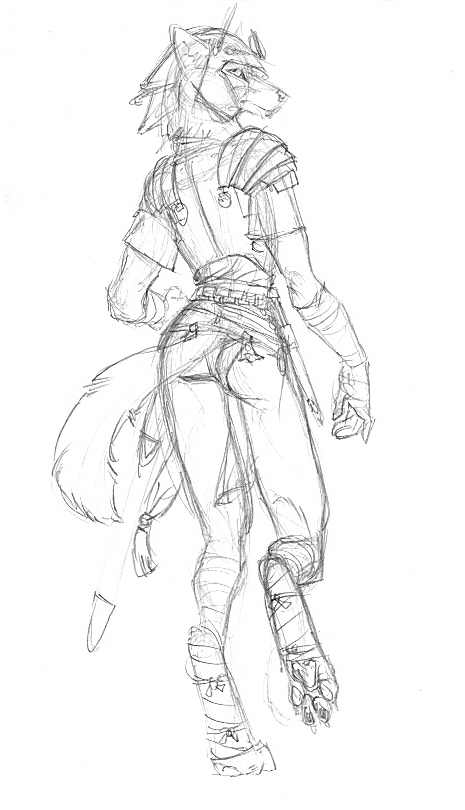 armor asheru_(setting) butt canine female scott_ruggels sketch solo unconvincing_armour virinia wardrobe_malfunction wolf