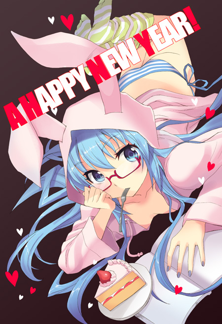 amamiya_sakurako blue_eyes blue_hair cake food fork glasses heart hood hoodie long_hair lying mouth_hold nail_polish new_year on_stomach otabe_sakura panties psyren side-tie_panties socks solo striped striped_legwear striped_panties underwear