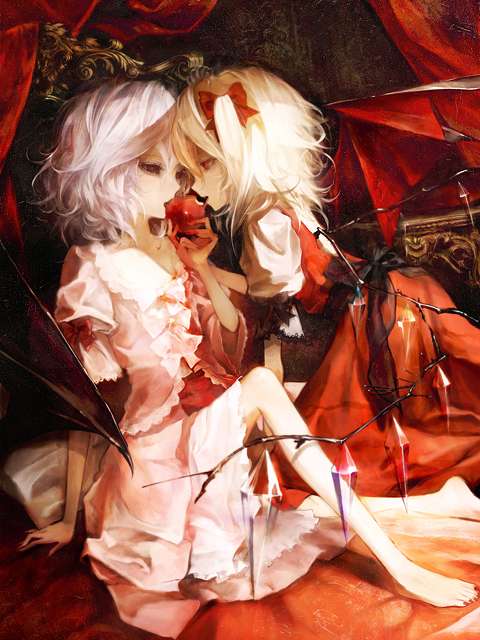 apple arm_support banpai_akira bare_legs barefoot bat_wings blonde_hair crystal face-to-face feet flandre_scarlet food fruit incest multiple_girls no_hat no_headwear remilia_scarlet shared_food short_hair siblings side_ponytail sisters sitting tongue touhou vampire white_hair wings yuri
