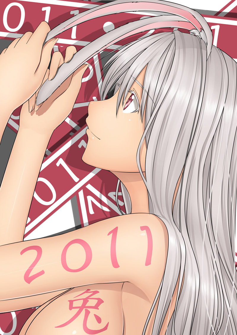 2011 animal_ears breasts bunny_ears kai_(link2262) large_breasts long_hair new_year nude original red_eyes silver_hair solo