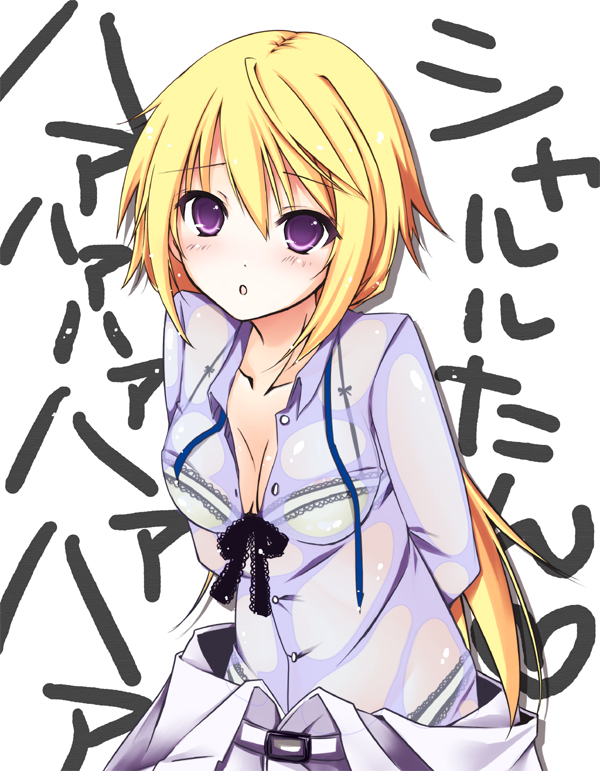 :o blonde_hair breasts charlotte_dunois cleavage infinite_stratos long_hair medium_breasts open_clothes open_shirt ponytail purple_eyes ribbon shirt solo translation_request yaki_mayu