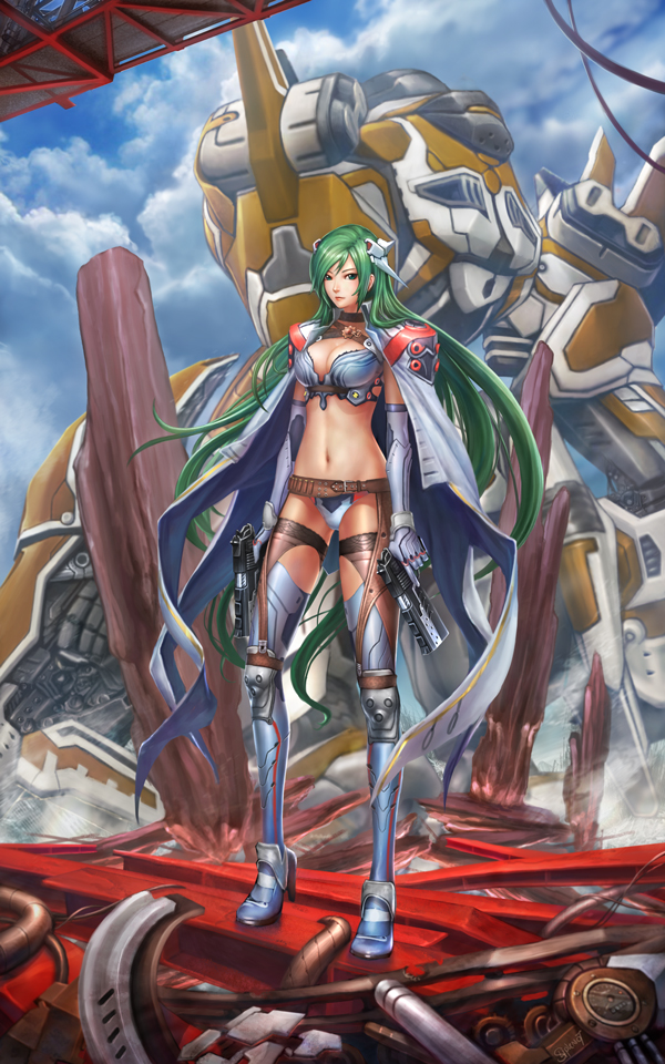 breasts cape cleavage dual_wielding elbow_gloves gloves green_hair gun holding knee_pads long_hair mecha medium_breasts midriff nudtawut_thongmai original shoulder_pads solo thigh_strap thighhighs very_long_hair weapon