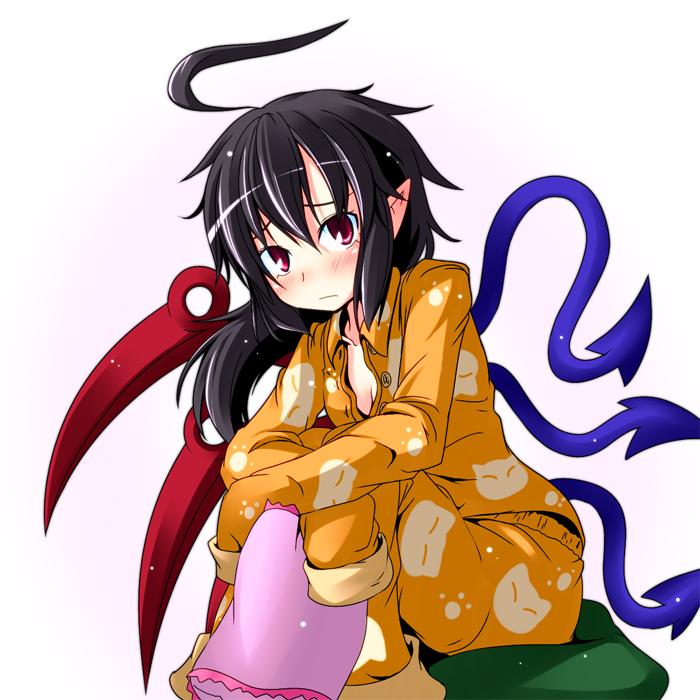 ahoge asymmetrical_wings black_hair blush breasts cleavage houjuu_nue ichimi leg_hug pajamas pillow pointy_ears red red_eyes sitting sitting_on_pillow sleeves_past_wrists small_breasts solo touhou wings