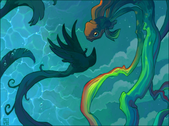 amara_telgemeier avian bird blue_eyes fish long_tail rainbow surreal tail underwater wings