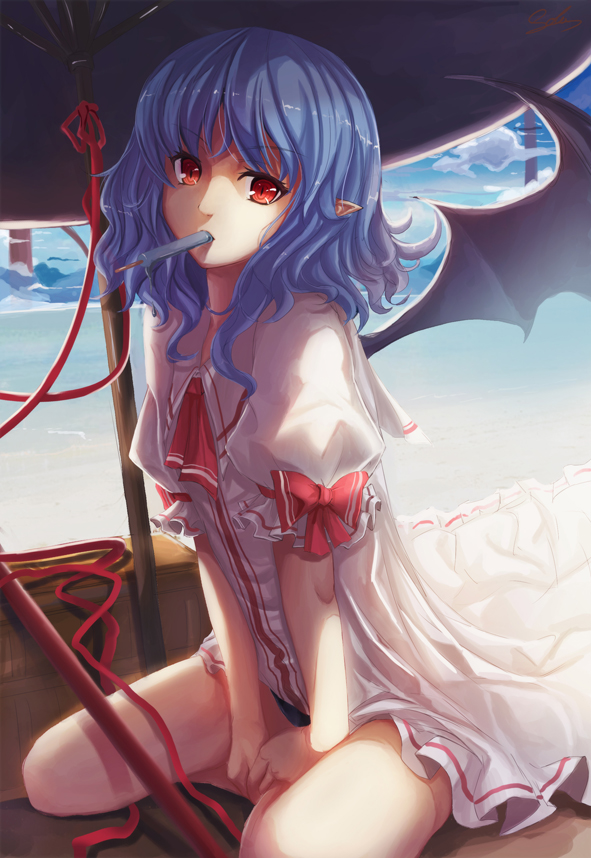 beach beach_umbrella blue_hair day demon_wings dress food no_hat no_headwear outdoors pointy_ears popsicle red_eyes remilia_scarlet sand sitting sola_(sola04) solo touhou umbrella water wings