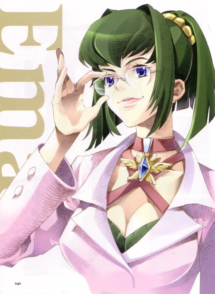 blue_eyes breasts brooch choker cleavage emma_hetfield glasses green_hair hair_intakes hair_ornament hairpin jewelry lips long_sleeves medium_breasts official_art ooba_wakako ponytail scan short_hair smile solo wild_arms wild_arms_1