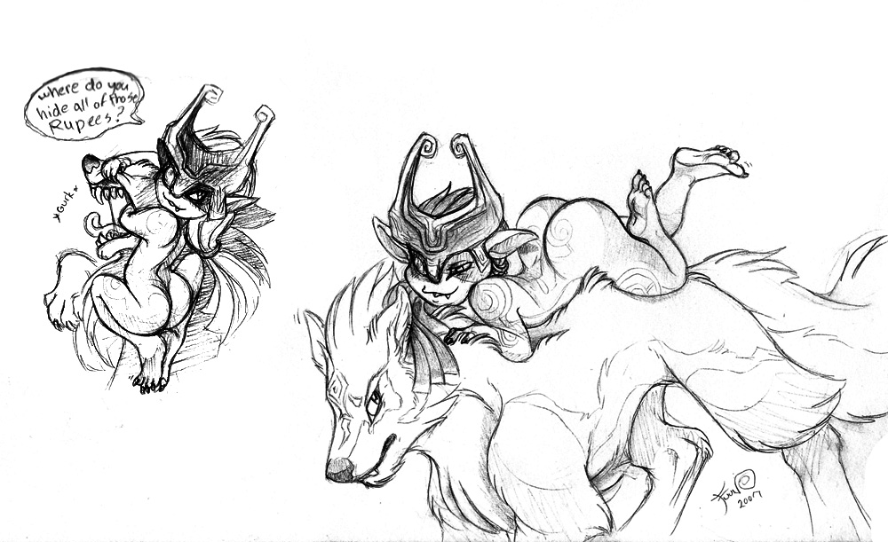 black_and_white butt canine fang female feral imp legend_of_zelda link link_(wolf_form) male midna monochrome nude riding straight tattoo the_legend_of_zelda twilight_princess wolf