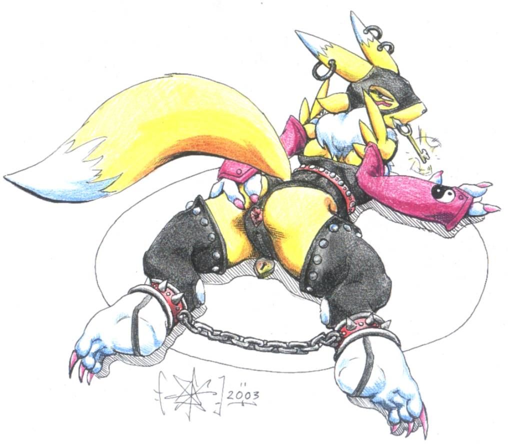 all_fours anus bdsm bondage butt canine chains chastity claws digimon elbow_gloves female fox gimp_mask gloves hindpaw key lock looking_at_viewer presenting raised_tail renamon sawblade solo tail yellow