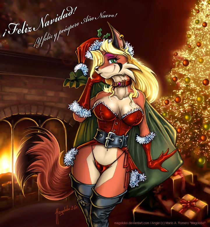 anthro belt blonde_hair candy canine christmas christmas_lights clothed clothing female fox gloves green_eyes hair holidays legwear magolobo mammal piercing pinup pose skimpy solo stockings underwear xmas