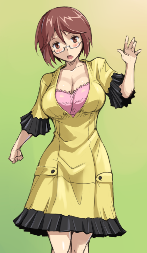 bespectacled blush breasts brown_eyes brown_hair casual cleavage cosplay dress glasses infinite_stratos large_breasts older short_hair solo tsuda_nanafushi yamada_maya_(infinite_stratos) yamada_maya_(infinite_stratos)_(cosplay)