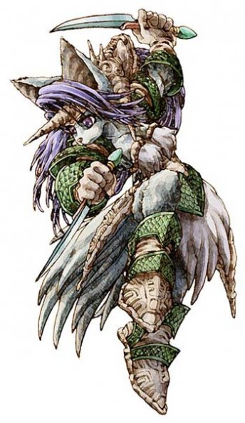 armor canine dagger dragoon female horns legend_of_mana official_art purple_eyes purple_hair sierra solo squaresoft weapon wolf