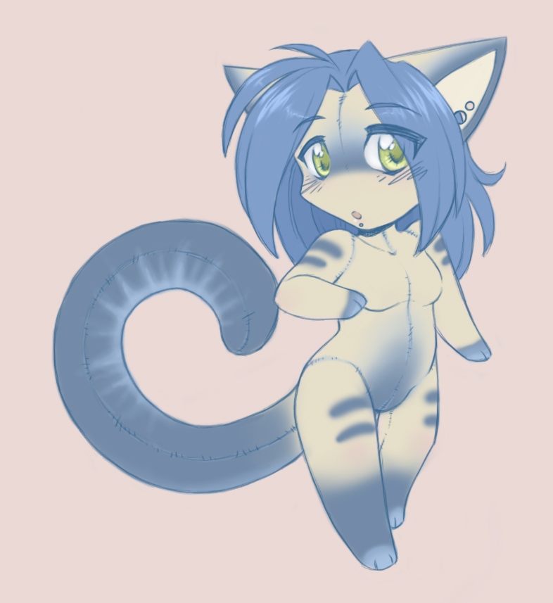 blue_(character) cat chibi colored_background cute feline female nude projectblue02 solo stitches tame