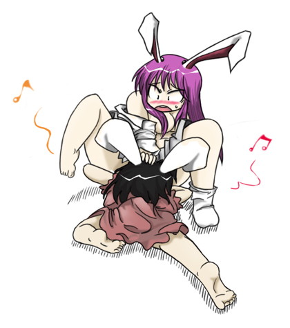 animal_ears bare_legs bare_shoulders barefoot beamed_eighth_notes black_hair blush bottomless bunny_ears dress dress_shirt eighth_note head_grab inaba_tewi long_hair lowres multiple_girls musical_note naked_shirt nanigashi_yakko off_shoulder open_clothes open_mouth open_shirt purple_hair reisen_udongein_inaba shirt short_hair single_sock socks spread_legs touhou yuri