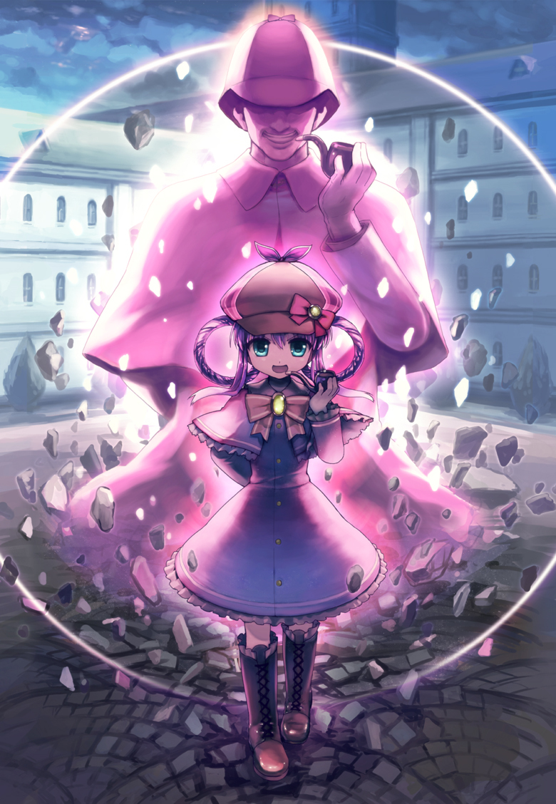 1girl :d arm_behind_back bad_id bad_pixiv_id bangs blue_eyes boots bow bowtie brooch building capelet cloud cross-laced_footwear deerstalker dress floating floating_rock frilled_dress frilled_sleeves frills ghost gloves glowing grin hair_rings hat hat_bow hat_over_eyes holding holding_pipe jewelry jojo_no_kimyou_na_bouken kurobuta_gekkan lace-up_boots levitation long_hair long_sleeves looking_at_viewer no_legs open_mouth outdoors pavement pink_bow pink_hair pipe red_bow rock sherlock_holmes sherlock_shellingford sky smile stand_(jojo) standing tantei_opera_milky_holmes telekinesis the_adventures_of_sherlock_holmes tobacco transparent tree window