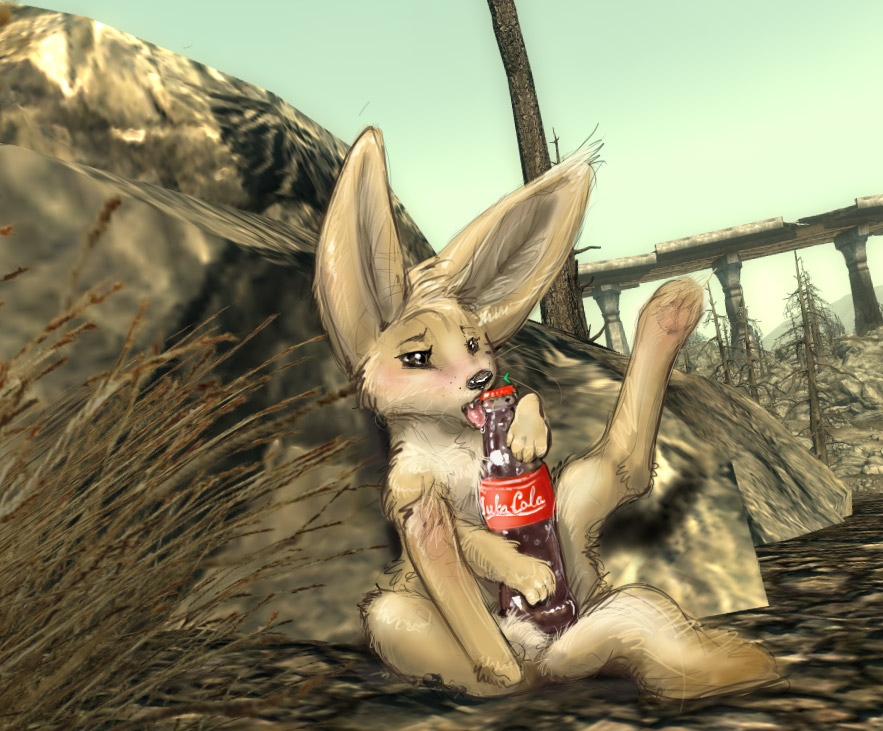 2008 big_ears blush bottle brown_eyes canine chest_tuft cute fallout female fennec feral fox legs_up licking nuka_cola nullenigma outside soda solo tail tongue