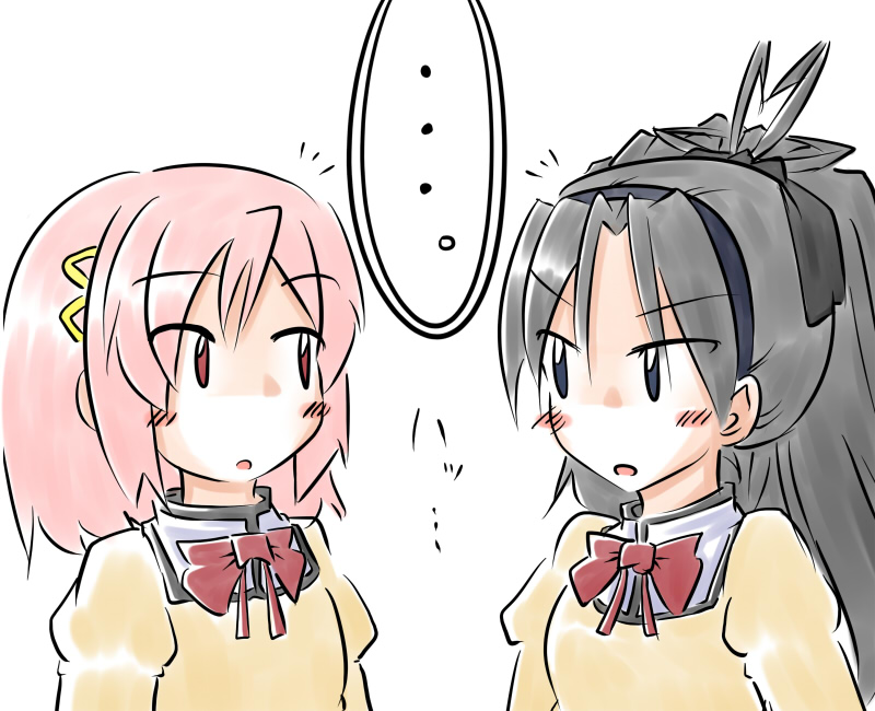 2girls akemi_homura aotori black_hair comic fusion hairband kaname_madoka long_hair mahou_shoujo_madoka_magica miki_sayaka mitakihara_school_uniform multiple_girls pink_hair sakura_kyouko school_uniform short_hair short_twintails translated twintails