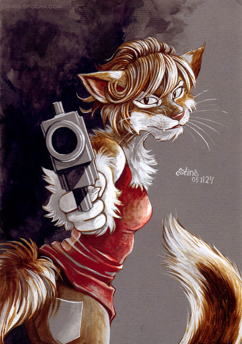 2005 barrel butt cat fang feline female gun pointing solo stina turning weapon whiskers