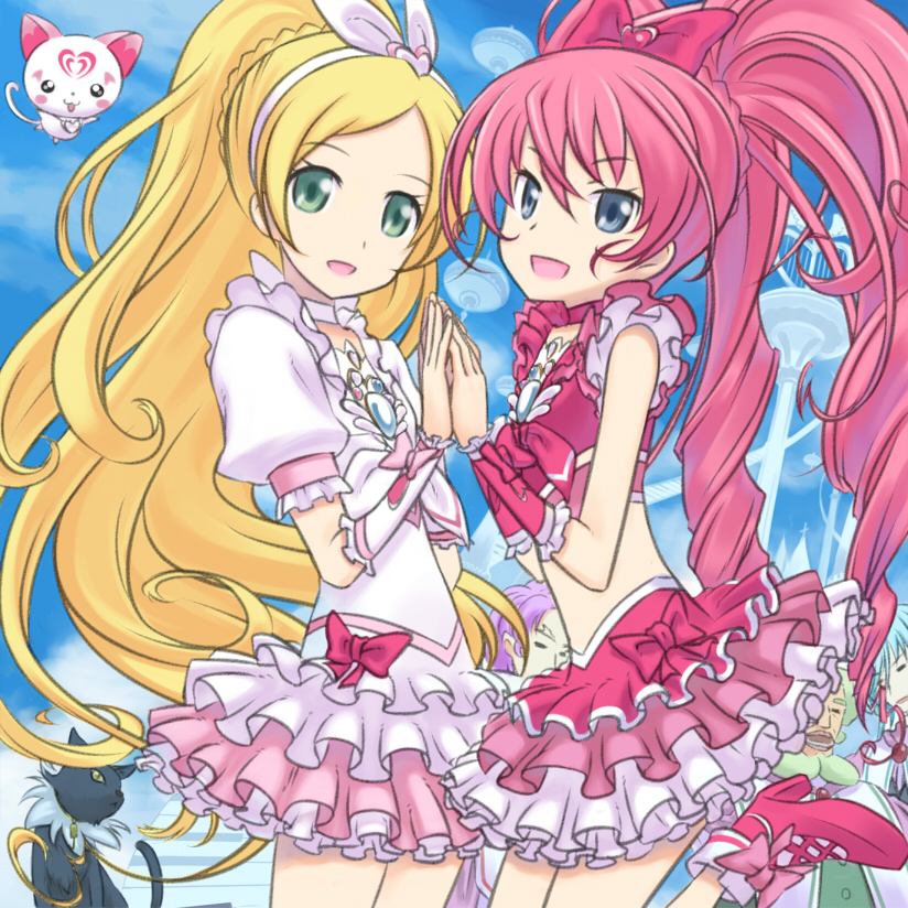 3boys :d baritone_(suite_precure) bassdrum beard blonde_hair blue_eyes blue_hair bow buntan cat choker closed_eyes cure_melody cure_rhythm dress facial_hair falsetto_(suite_precure) frills green_eyes green_hair hair_ornament hands_together houjou_hibiki hummy_(suite_precure) long_hair magical_girl midriff minamino_kanade multiple_boys multiple_girls open_mouth pink_bow pink_choker pink_hair precure purple_hair seiren_(suite_precure) skirt smile standing standing_on_one_leg suite_precure twintails white_choker yellow_eyes