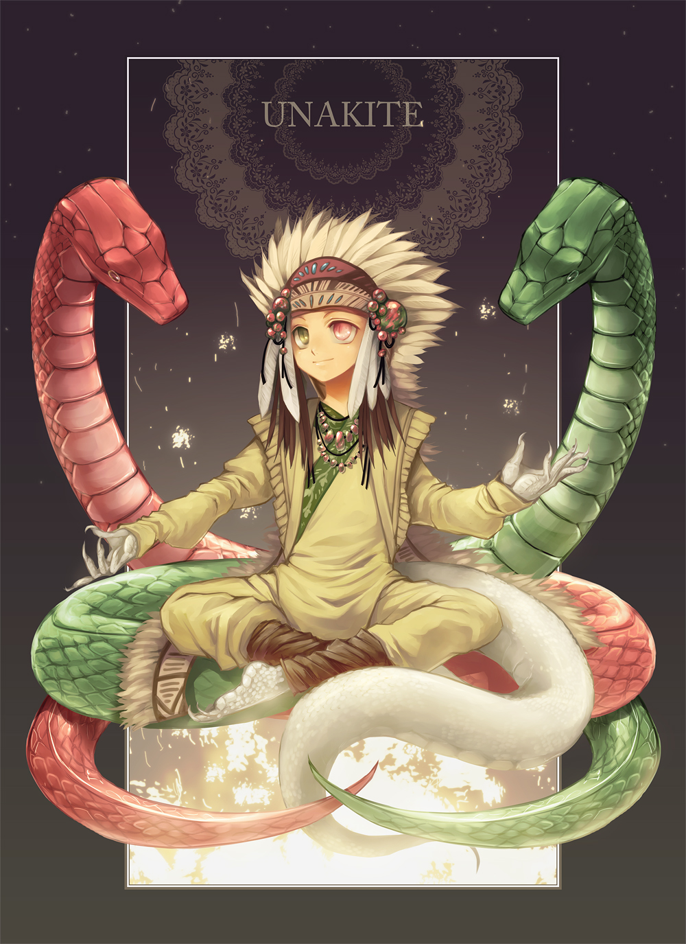 celestial_stones claws heterochromia highres indian_style light_smile md5_mismatch personification reptilian sitting slit_pupils snake solo tatsuki_maki unakite_(personification)